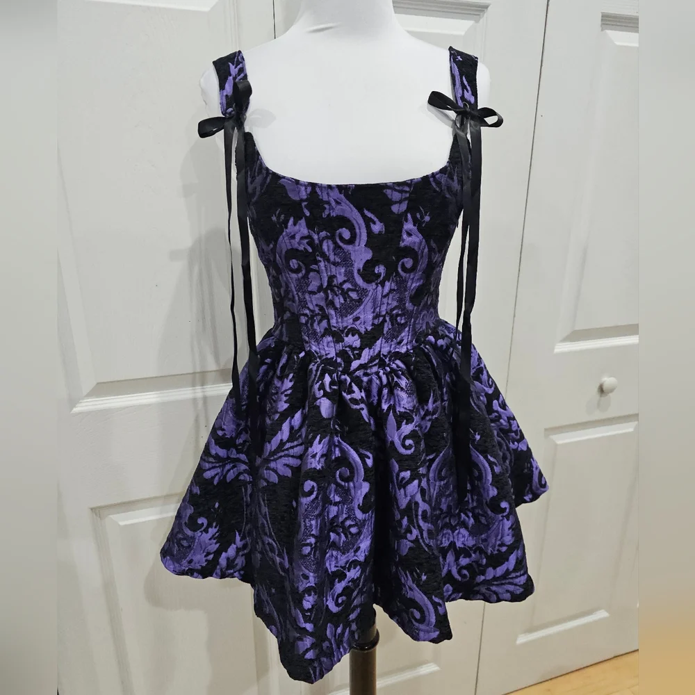 ~SOLD~ Dolls Kill Goth Widow Sultry Sins Black Purple Brocade Corset Dress XS - Picture 1 of 12